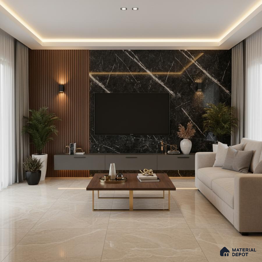 Modern living room with white marble laminate TV wall and vertical walnut wood louvers in Bengaluru