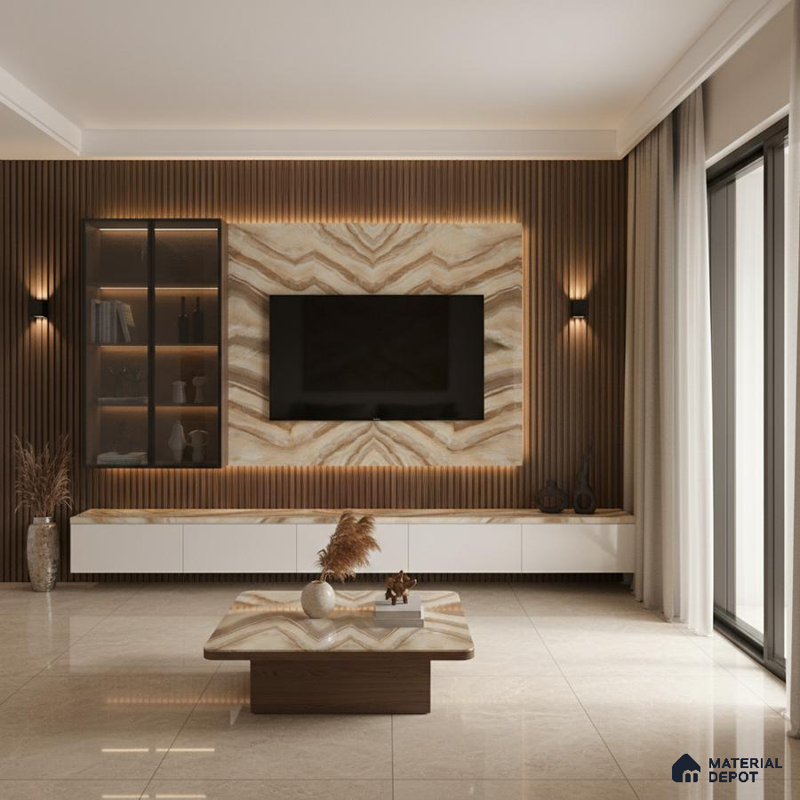Modern living room with bookmatch marble laminate TV wall, wooden louvers, and beige marble floor tiles in Bengaluru