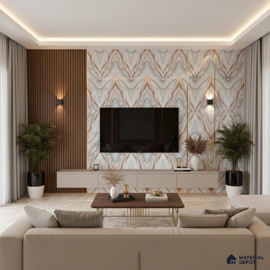 Modern living room with bookmatch marble laminate TV wall, wooden louvers, and beige marble floor tiles in Bengaluru