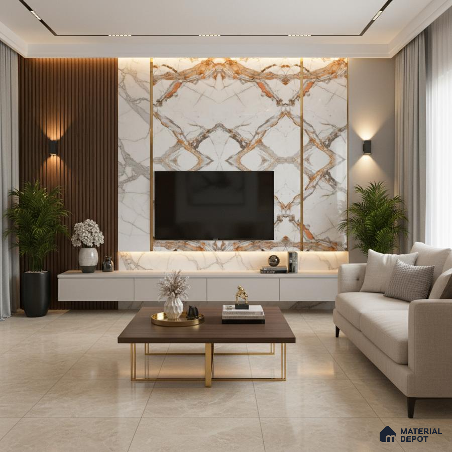 Modern living room with marble-look laminate TV wall, wooden louvers, and beige floor tiles in Bengaluru