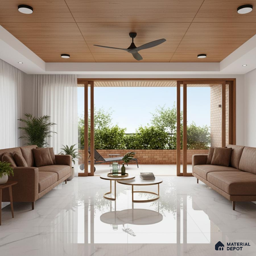 Modern living room with brown leather sofas, wood ceiling panels, and white marble floor tiles in Bengaluru