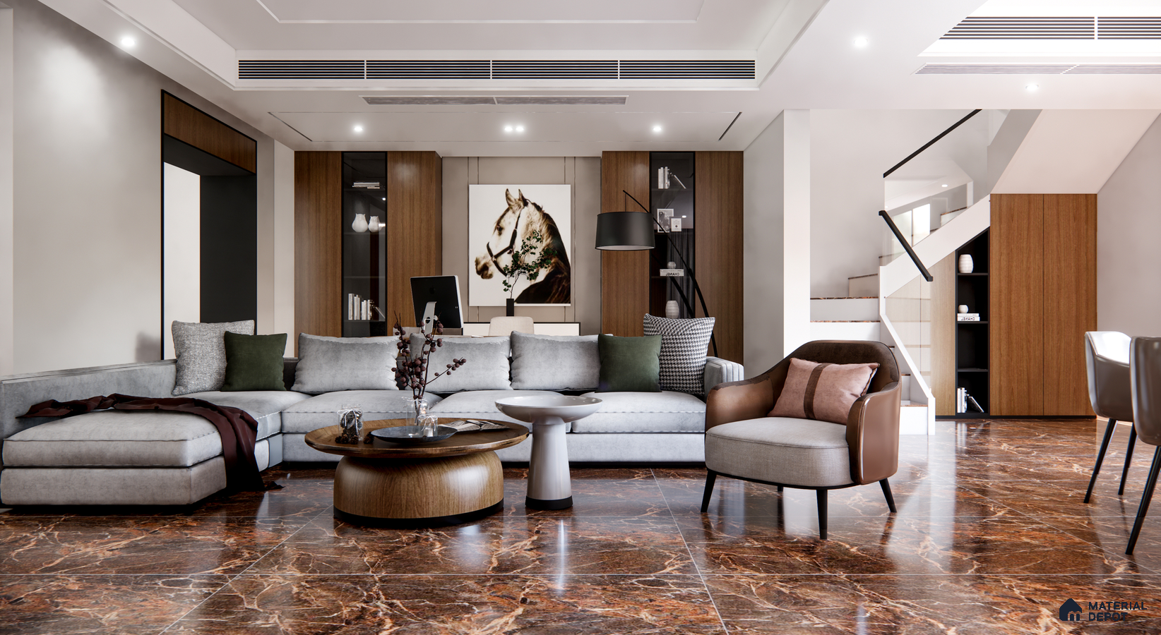 Modern Living Room with Brown Marble Flooring and Neutral Tones | Material Depot