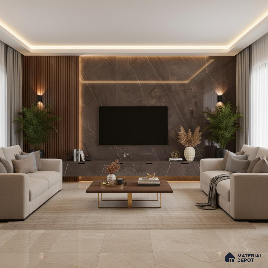 Modern living room with white marble laminate TV unit, walnut wood fluted wall panels, and beige marble floor tiles in Bengaluru