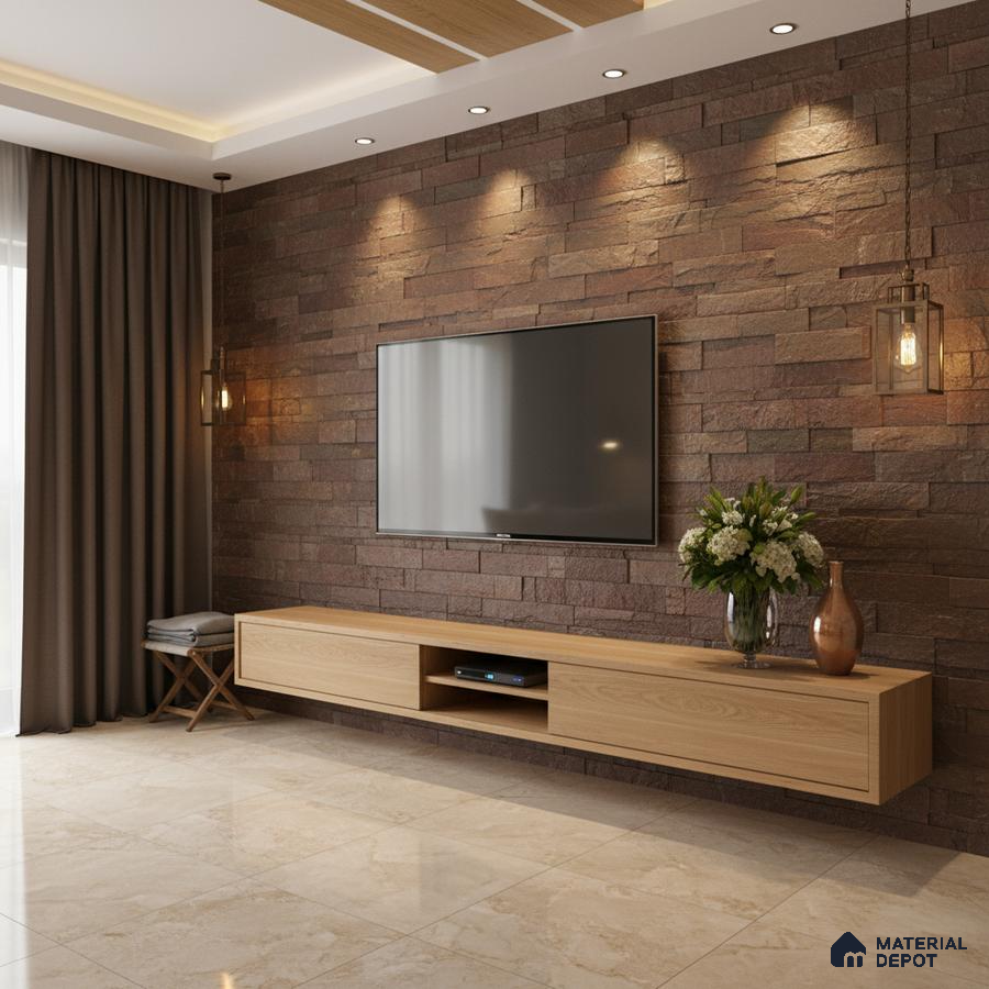 Modern living room with brown stone cladding accent wall and light oak laminate TV unit in Bengaluru