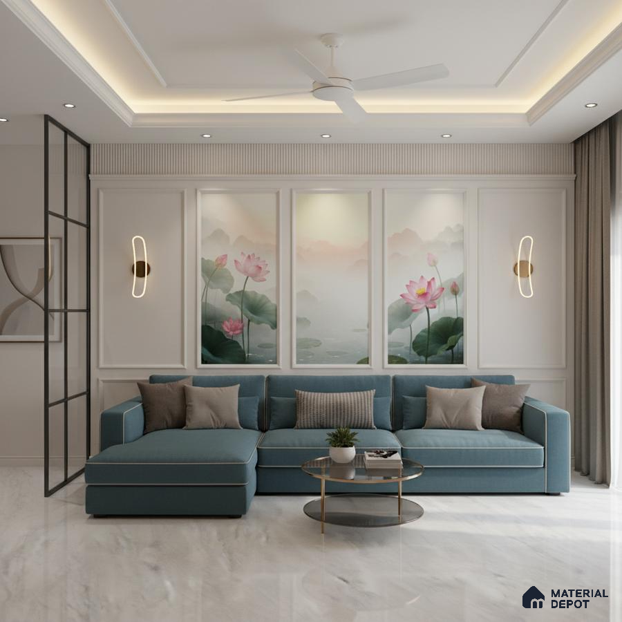 Modern living room with chinoiserie lotus wallpaper, blue sectional sofa, and white marble floor tile in Bengaluru