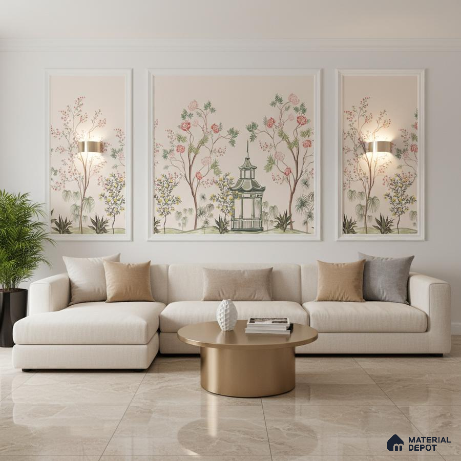 Modern living room with chinoiserie wallpaper, beige marble floor tiles, and neutral upholstery in Bengaluru