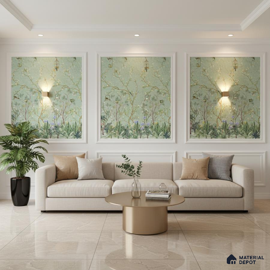 Modern living room with chinoiserie wallpaper, beige marble floor tiles, and neutral upholstery in Bengaluru