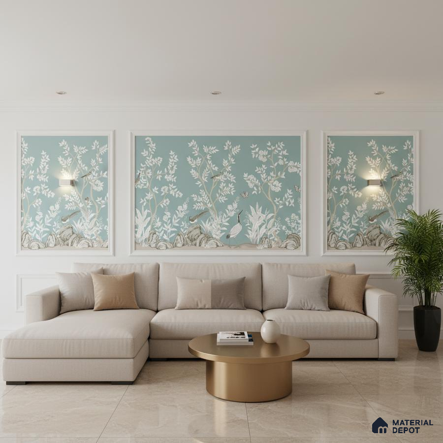 Modern living room with chinoiserie wallpaper panels and beige marble floor tiles in Bengaluru