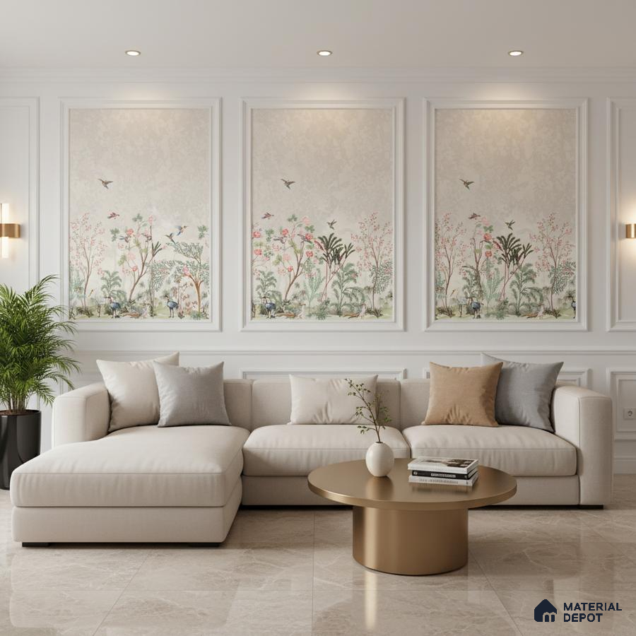 Modern living room with chinoiserie wallpaper panels, beige marble floor, and neutral upholstery in Bengaluru