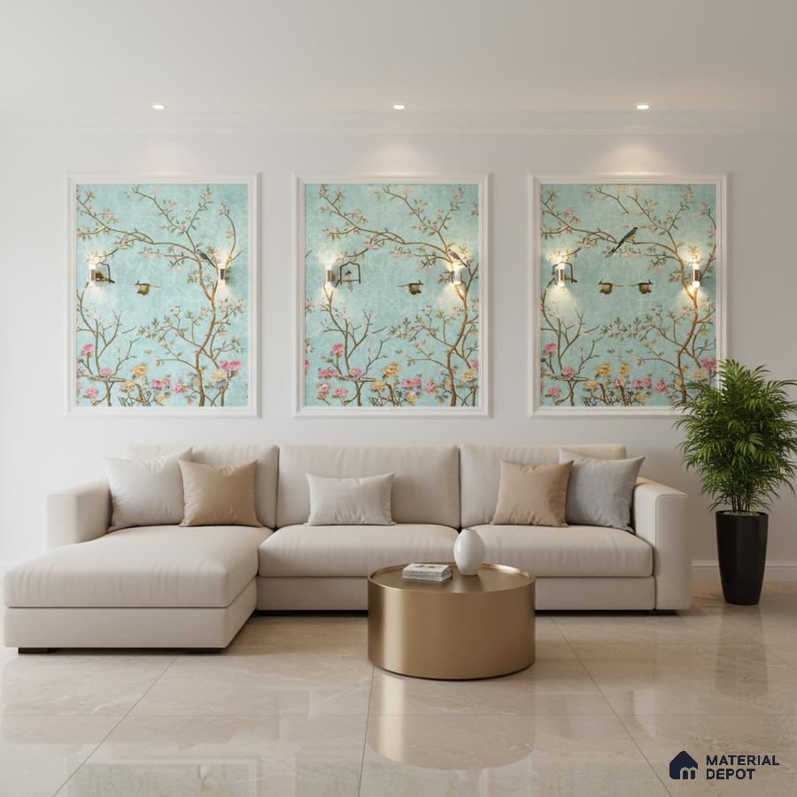 Modern living room with chinoiserie wallpaper panels, beige marble floor tiles, and neutral sectional sofa in Bengaluru