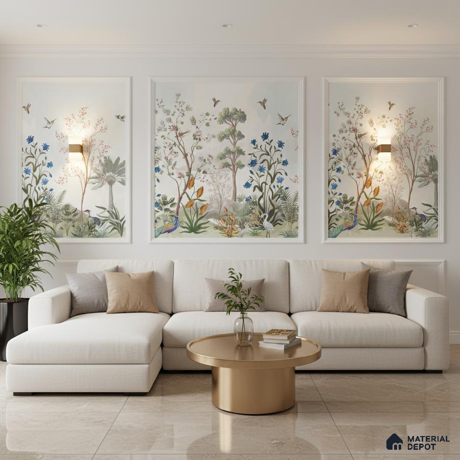 Modern living room with chinoiserie wallpaper panels, beige sofa, and polished marble floor tiles in Bengaluru