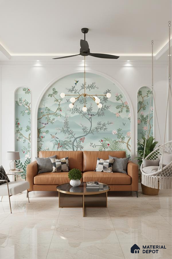 Modern living room with chinoiserie wallpaper, tan leather sofa, and polished marble floor tiles in Bengaluru
