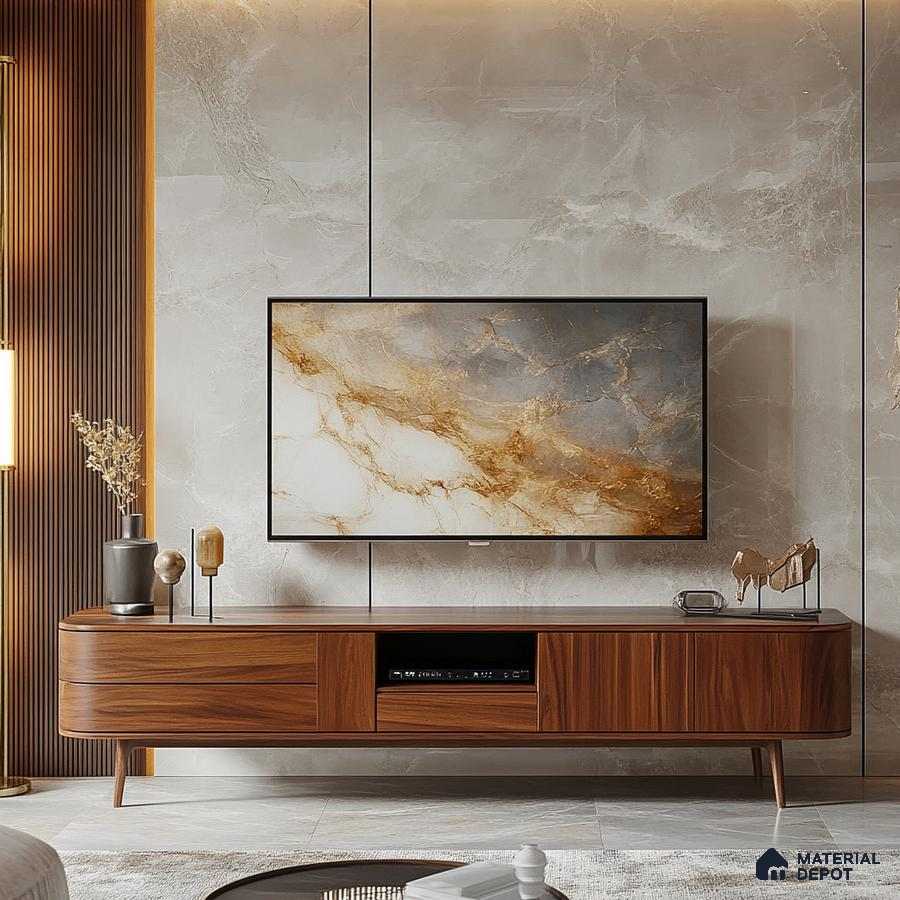 Modern Living Room with Curved TV Stand and Marble Wall | Material Depot