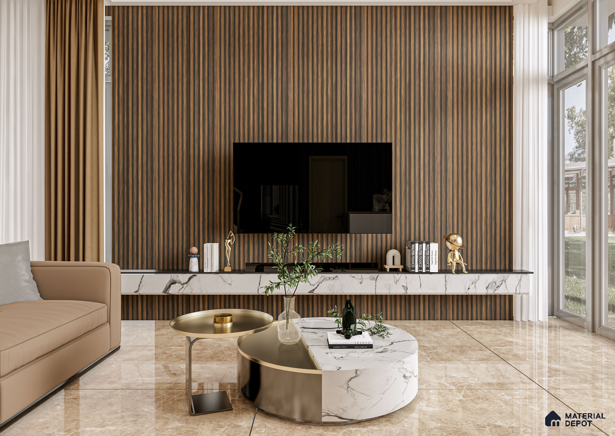 Modern Living Room with Dark Walnut Louvers and Marble TV Console | Material Depot