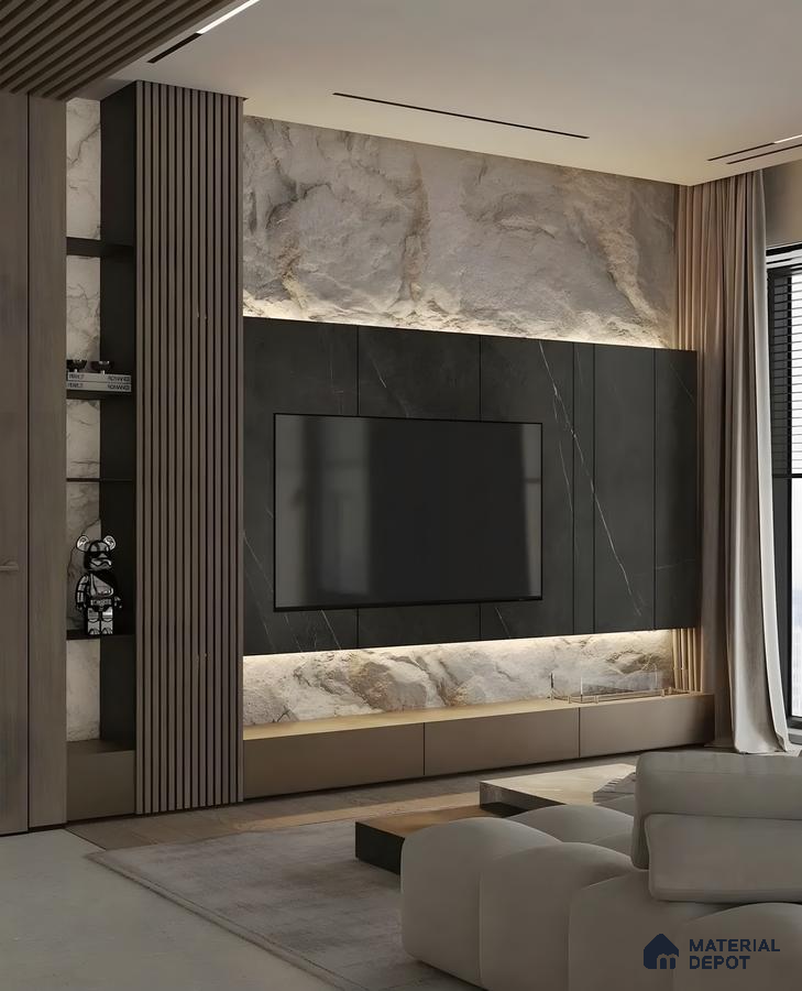 Modern Living Room with Elegant Stone and Black Marble TV Wall | Material Depot