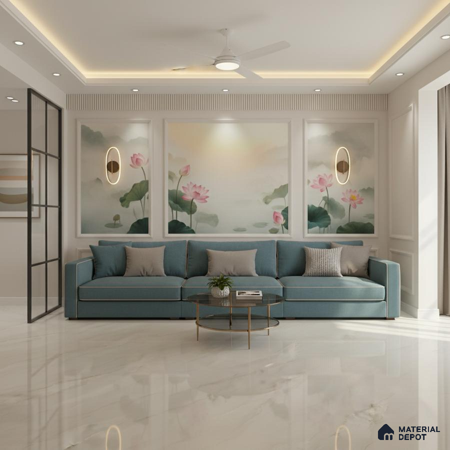 Modern living room with floral mural wallpaper and glossy white marble floor tiles in Bengaluru