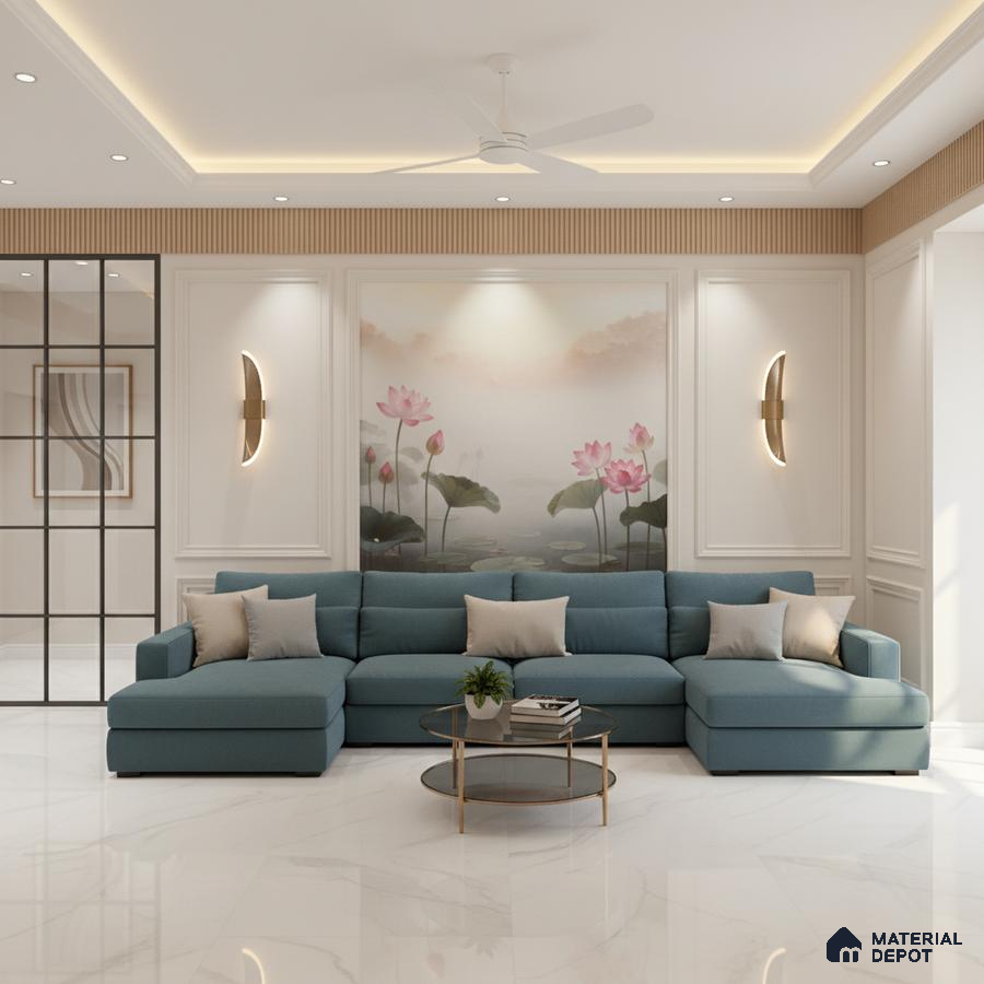 Modern living room with floral mural wallpaper, teal fabric sectional, and white marble floor tiles in Bengaluru