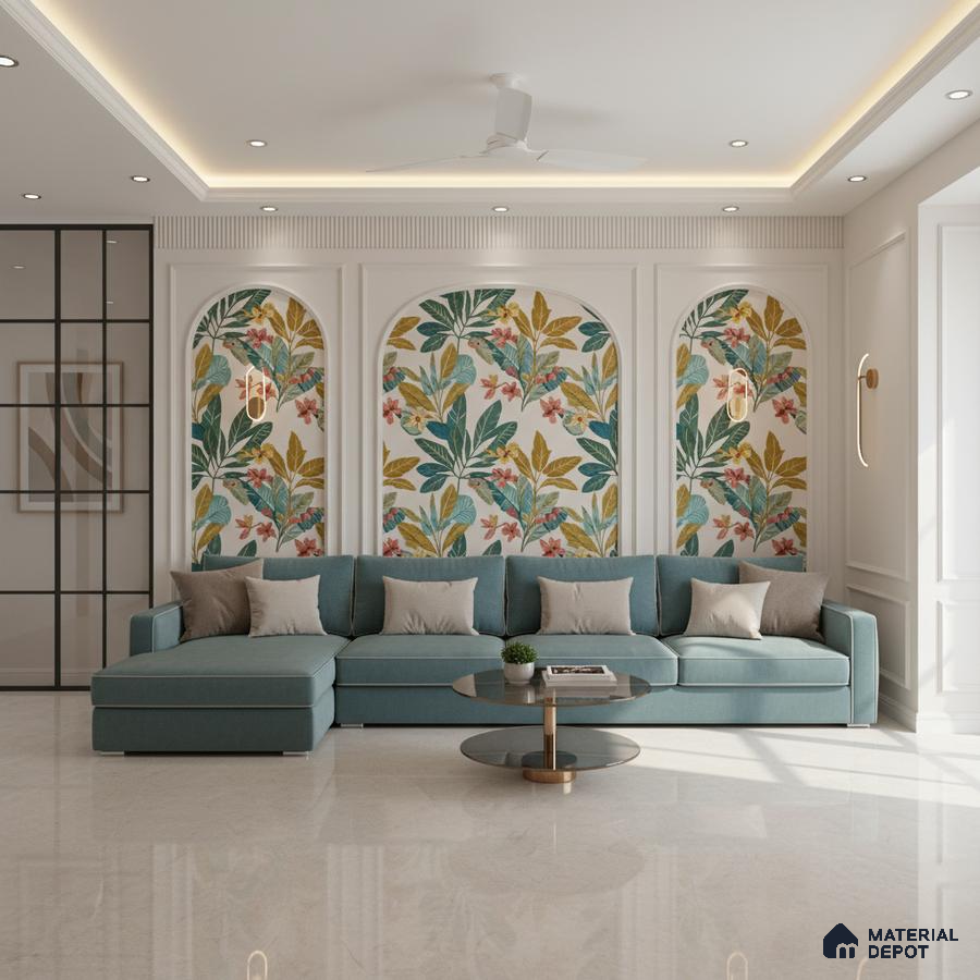 Modern living room with floral wallpaper accent, teal sofa, and glossy marble floor tile in Bengaluru
