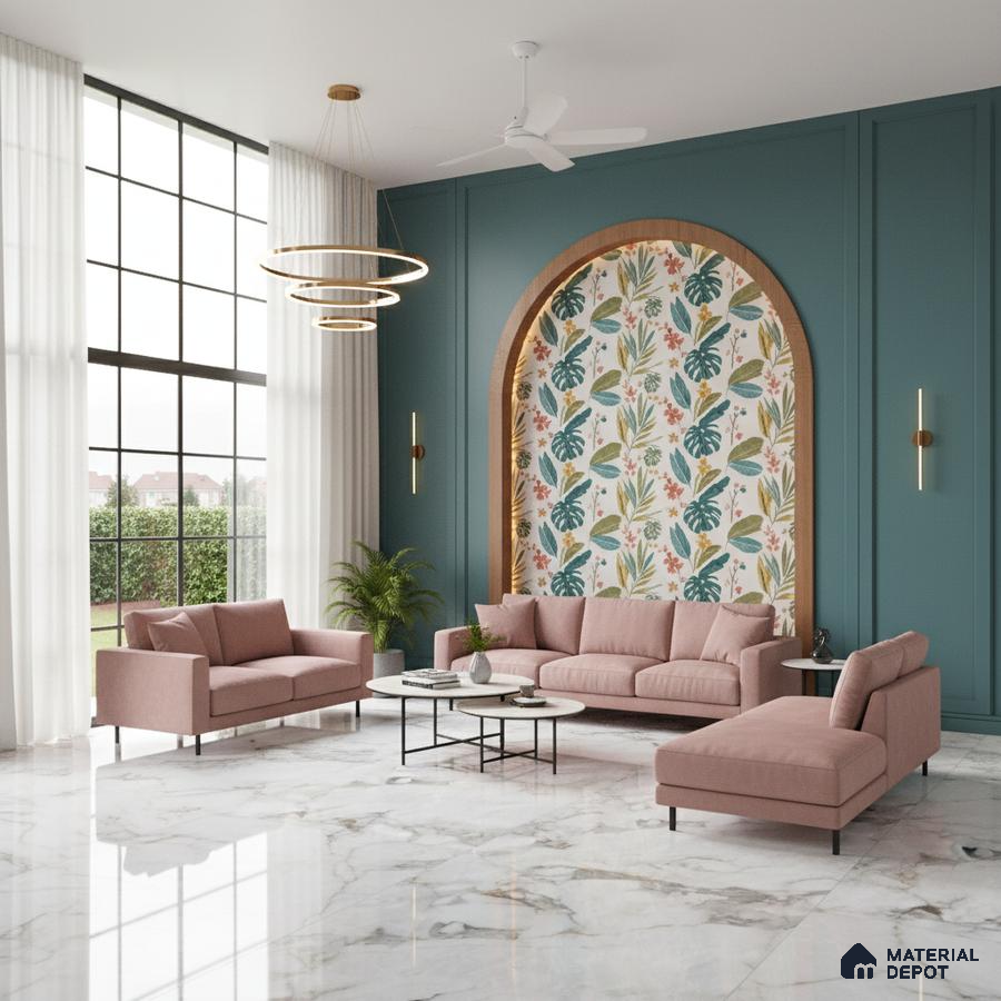Modern living room with floral wallpaper accent, teal wall panel, and white marble floor tile in Bengaluru
