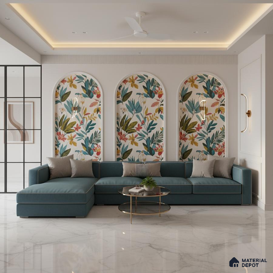 Modern living room with floral wallpaper arches and white marble floor tile in Bengaluru