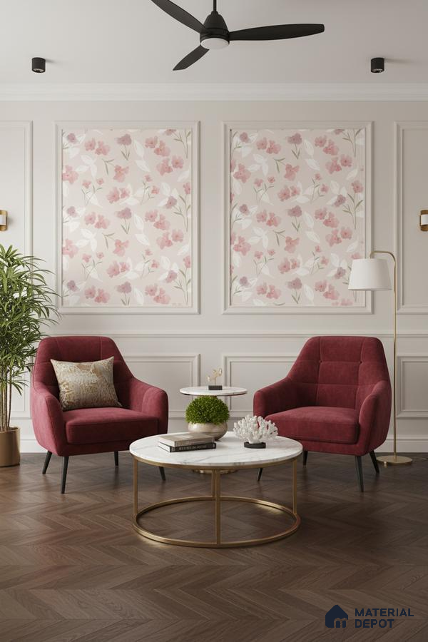 Modern living room with floral wallpaper, burgundy accent chairs, and herringbone wooden flooring in Bengaluru