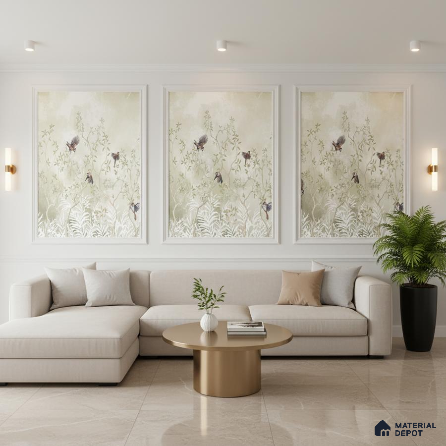 Modern living room with floral wallpaper panels, beige marble floor tiles, and neutral fabric sofa in Bengaluru