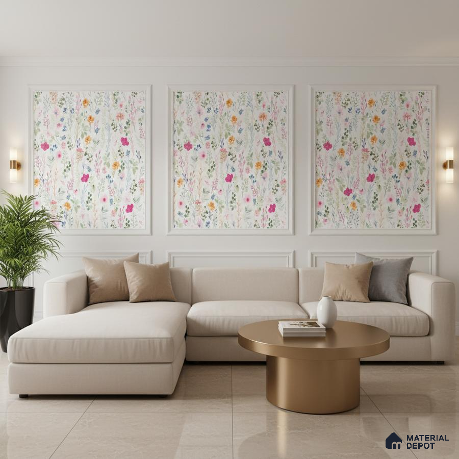 Modern living room with floral wallpaper panels, beige sofa, and glossy marble floor tiles in Bengaluru
