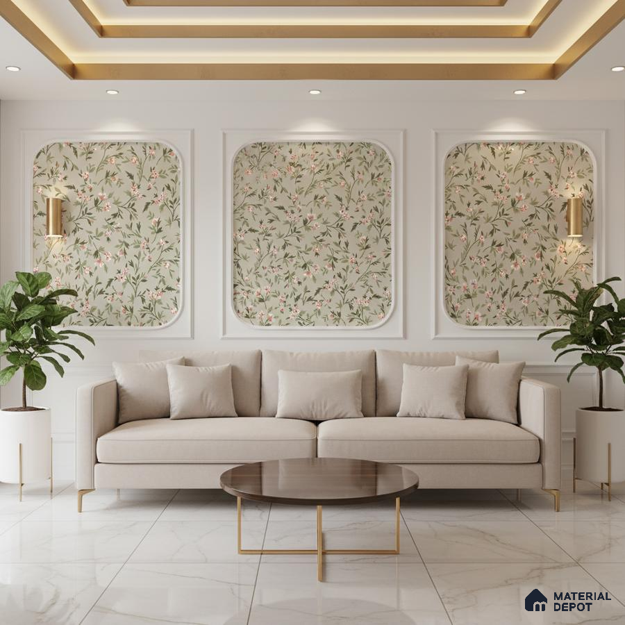 Modern living room with floral wallpaper panels, beige sofa, and white marble floor tiles in Bengaluru