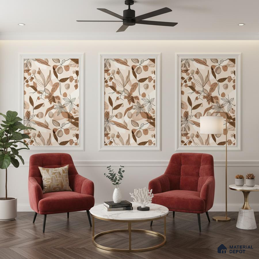 Modern living room with floral wallpaper panels, velvet red accent chairs, and marble coffee table in Bengaluru