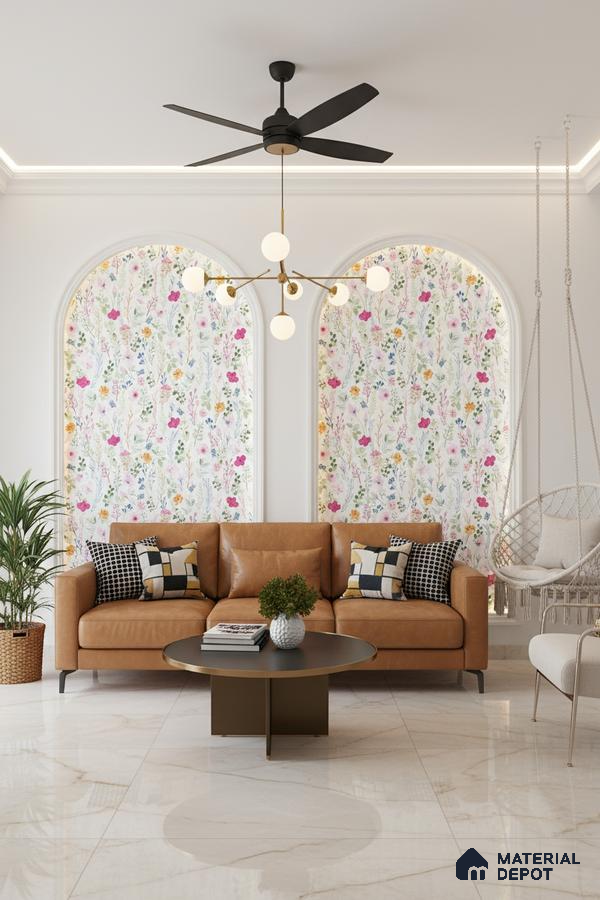 Modern living room with floral wallpaper, tan leather sofa, and white marble floor tiles in Bengaluru
