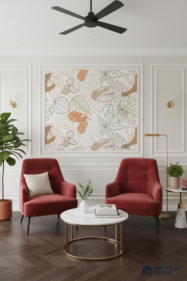 Modern living room with floral wallpaper, velvet red accent chairs, and herringbone wooden flooring in Bengaluru