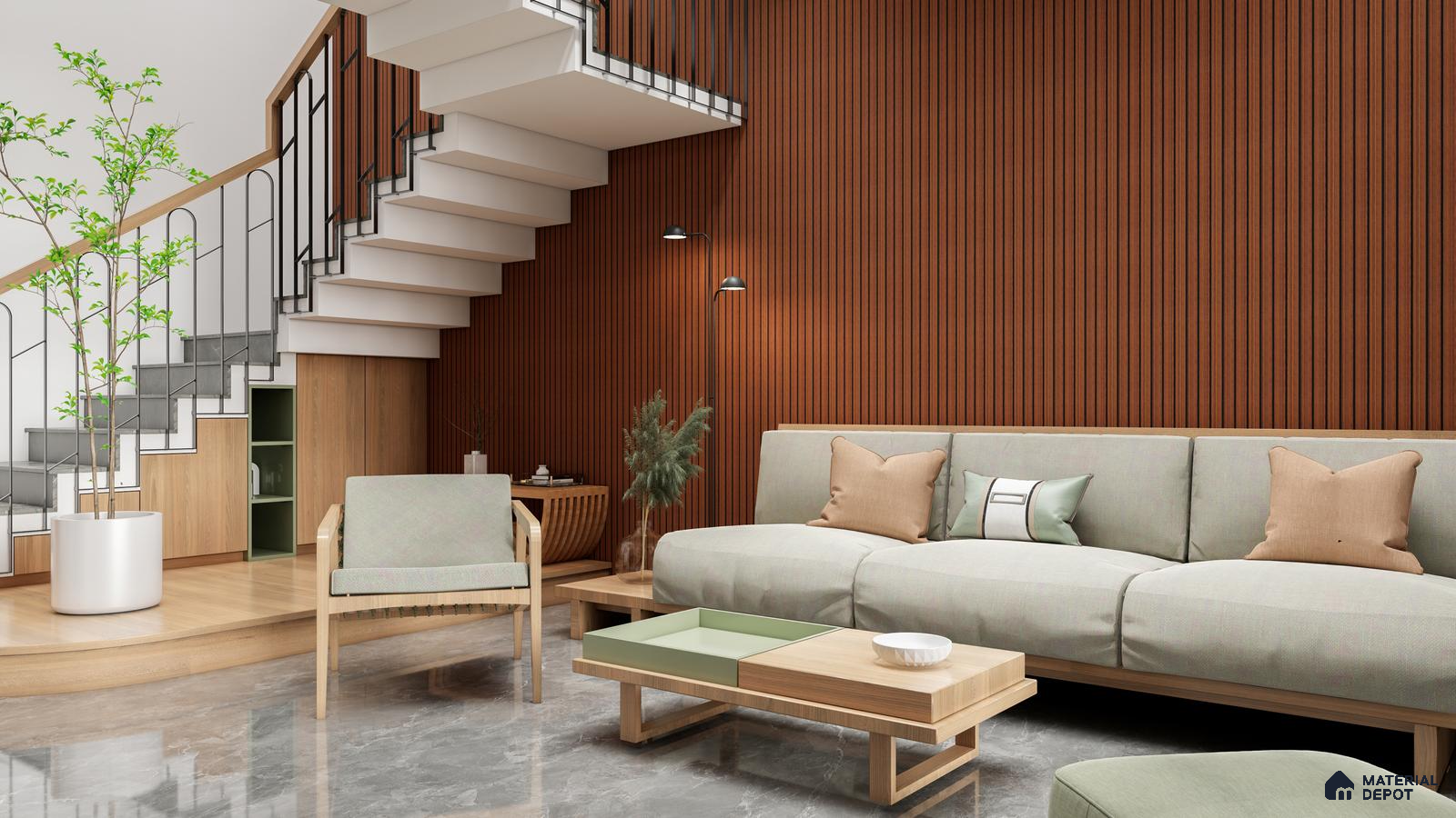 Modern Living Room with Fluted Wall Panels and Minimalist Furniture | Material Depot