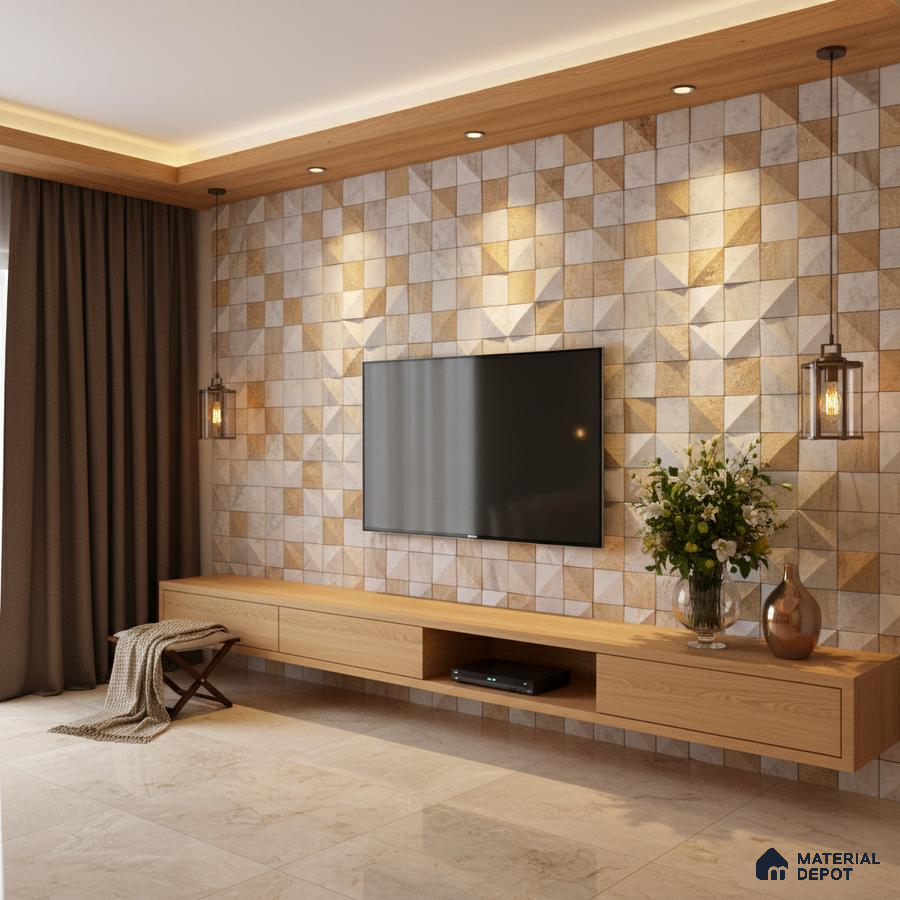 Modern living room with geometric 3D wall tiles and light oak laminate TV unit in Bengaluru
