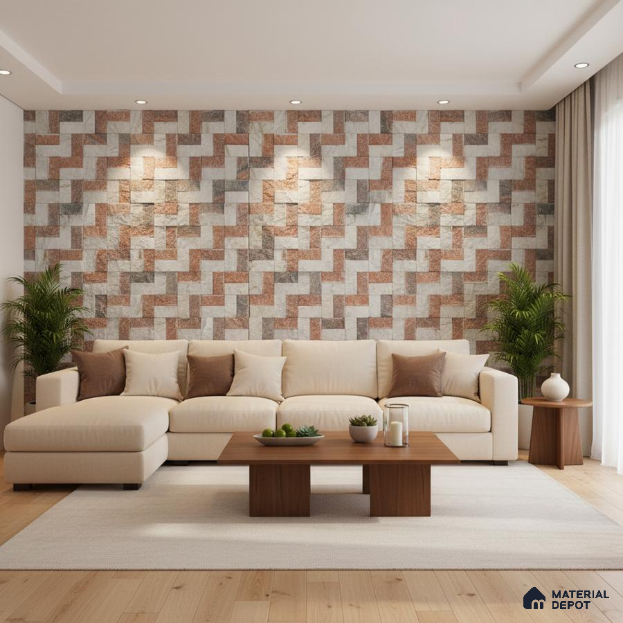 Modern living room with geometric stone cladding accent wall and light wood flooring in Bengaluru