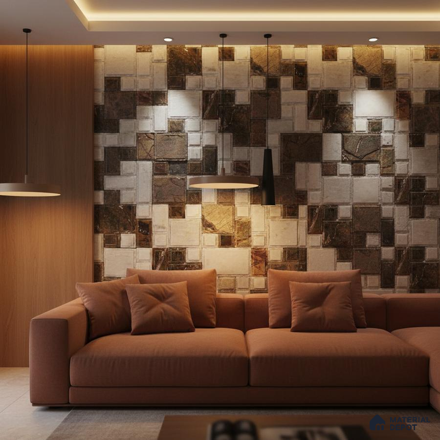 Modern living room with geometric stone cladding accent wall and terracotta sofa in Bengaluru