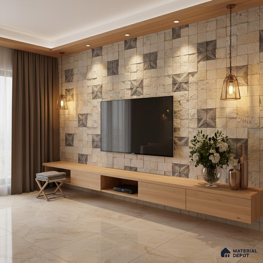 Modern living room with geometric stone cladding TV wall and light oak laminate floating unit in Bengaluru