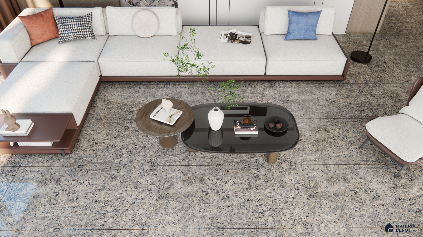 Modern Living Room with Granite Finish Flooring | Material Depot