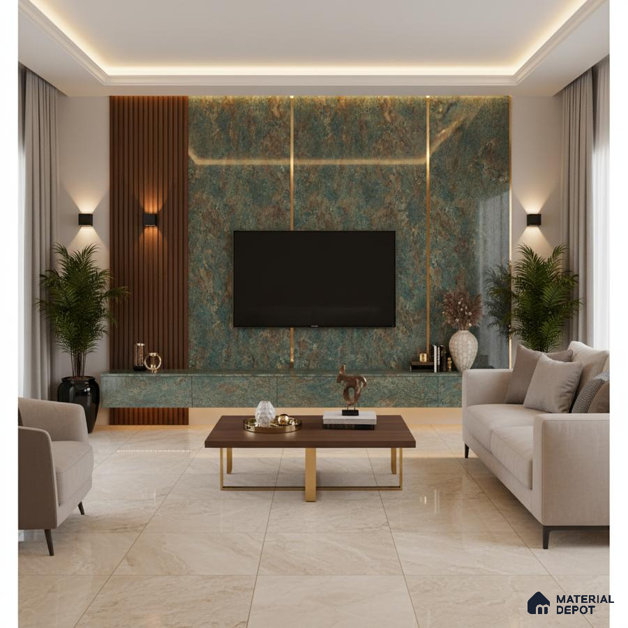 Modern living room with white marble laminate TV unit, walnut wood louvers, and beige marble floor tiles in Bengaluru