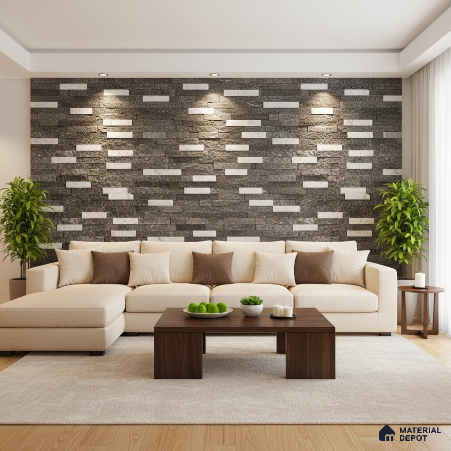 Modern living room with grey and white stone cladding accent wall and beige sectional sofa in Bengaluru