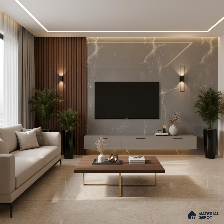 Modern living room with green stone-look laminate TV unit, walnut fluted wall panels, and beige marble floor tiles in Bengaluru