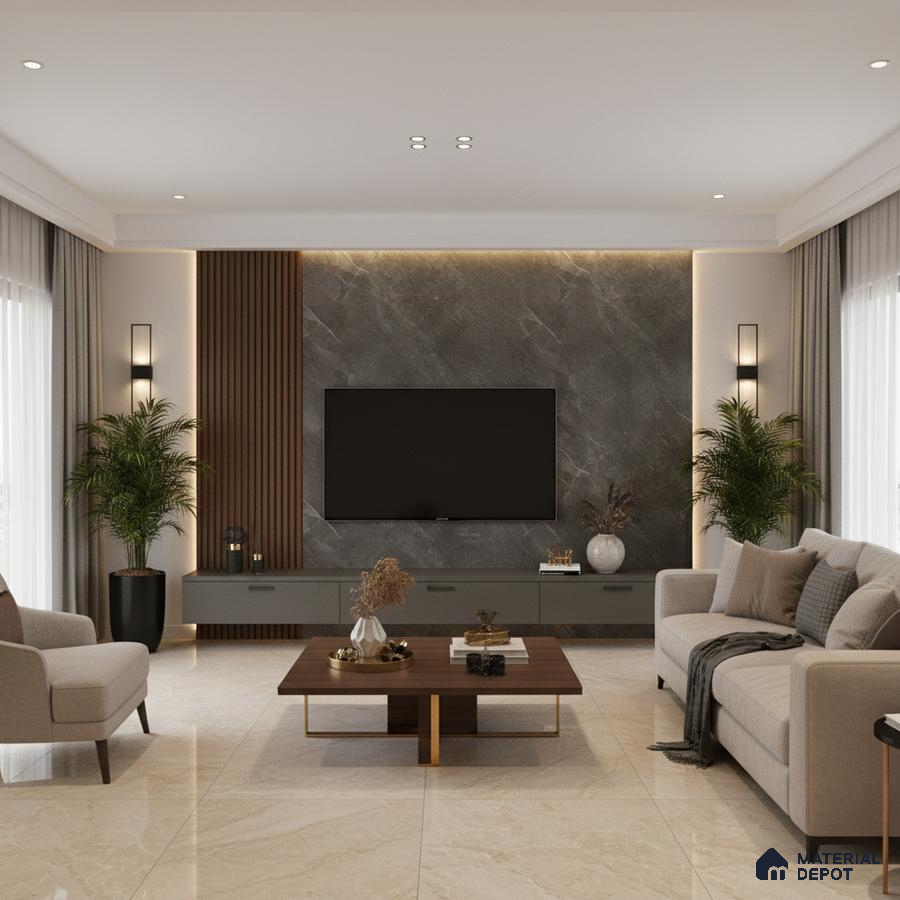 Modern living room with marble laminate TV wall, wooden fluted panels, and beige floor tiles in Bengaluru
