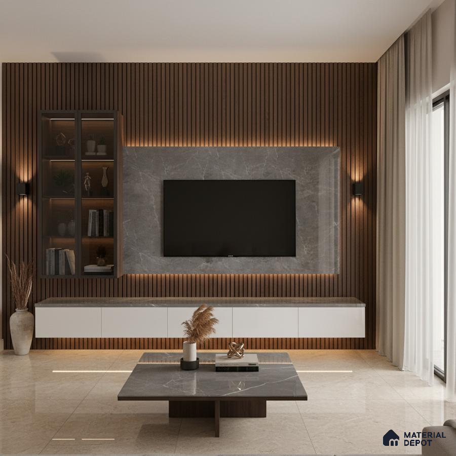 Modern living room with white marble laminate TV unit, walnut brown fluted wall panels, and marble floor tiles in Bengaluru