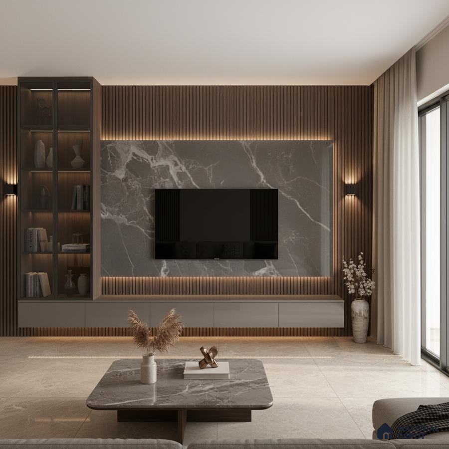 Modern living room with white marble laminate TV unit, walnut wood fluted wall panels, and beige marble floor tiles in Bengaluru