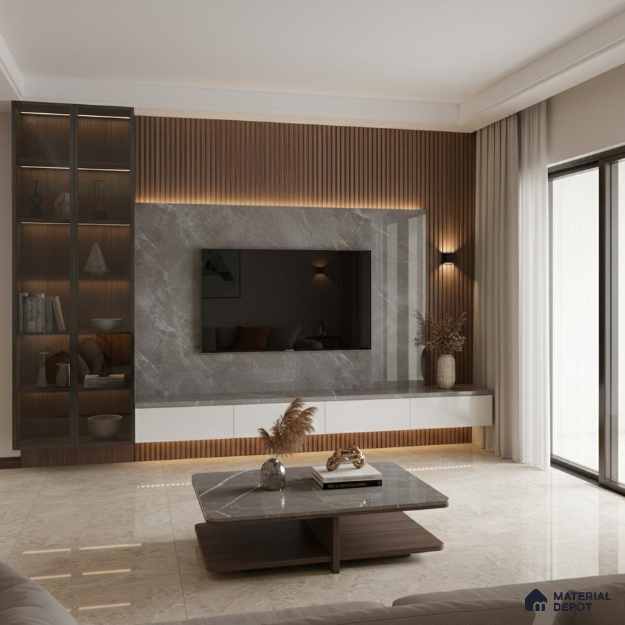 Modern living room with marble laminate TV unit, walnut wood fluted wall panels, and beige marble floor tiles in Bengaluru