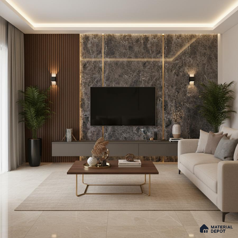 Modern living room with bookmatch marble laminate TV wall and walnut brown wooden louvers in Bengaluru