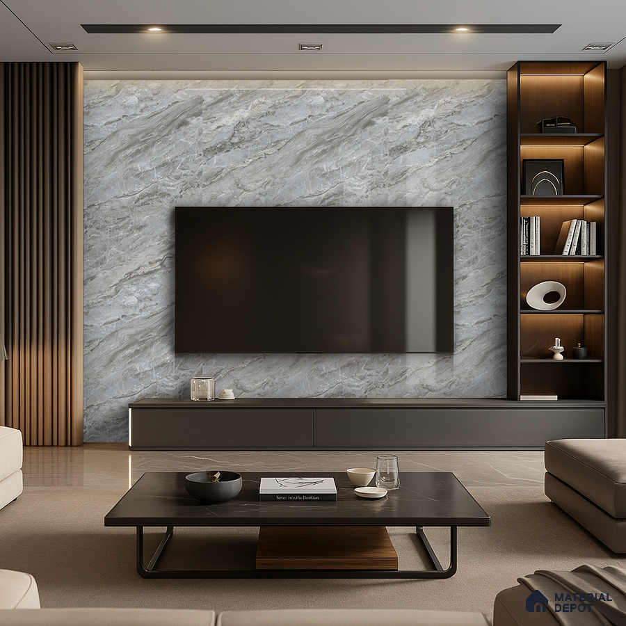 Modern Living Room with White and Gold Marble-Look Laminate TV Wall | Material Depot