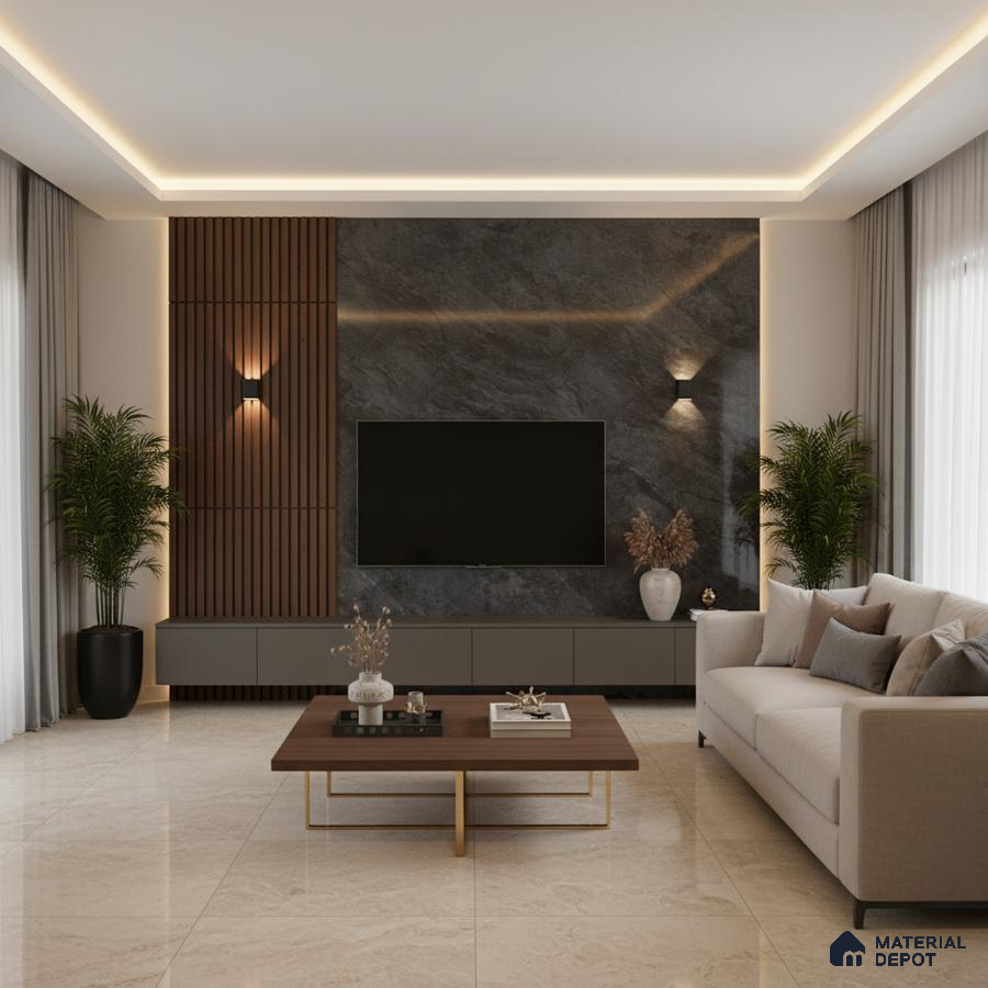 Modern living room with white marble laminate TV unit, walnut brown fluted wall panels, and beige floor tiles in Bengaluru