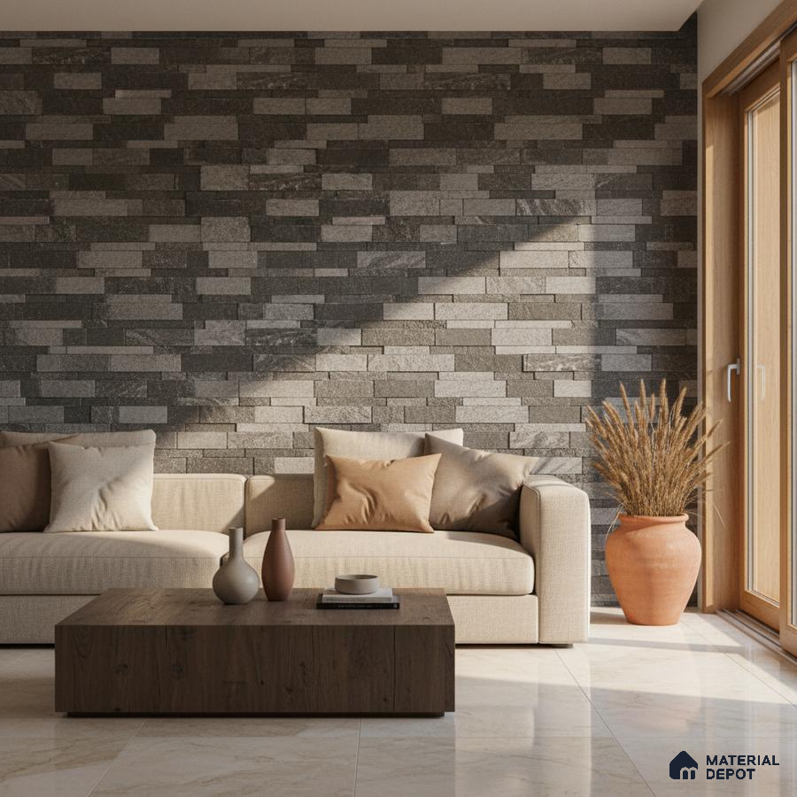Modern living room with grey stone cladding accent wall and beige marble floor tiles in Bengaluru