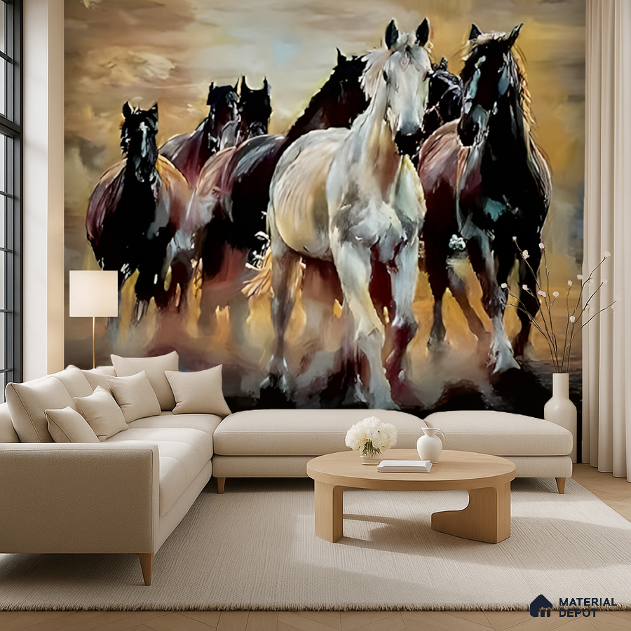 Modern living room with horse mural wallpaper, beige fabric sofa, and light wood flooring in Bengaluru