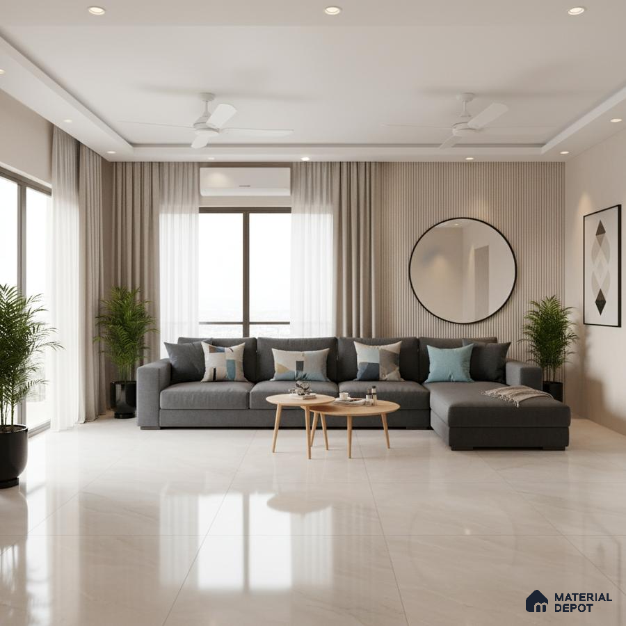 Modern living room with large format marble-look floor tiles and neutral wall panels in Bengaluru